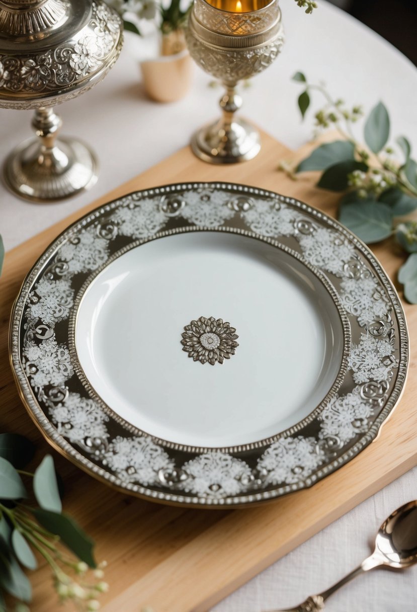 A decorative serving platter adorned with intricate designs and delicate details, perfect for a wedding shower gift