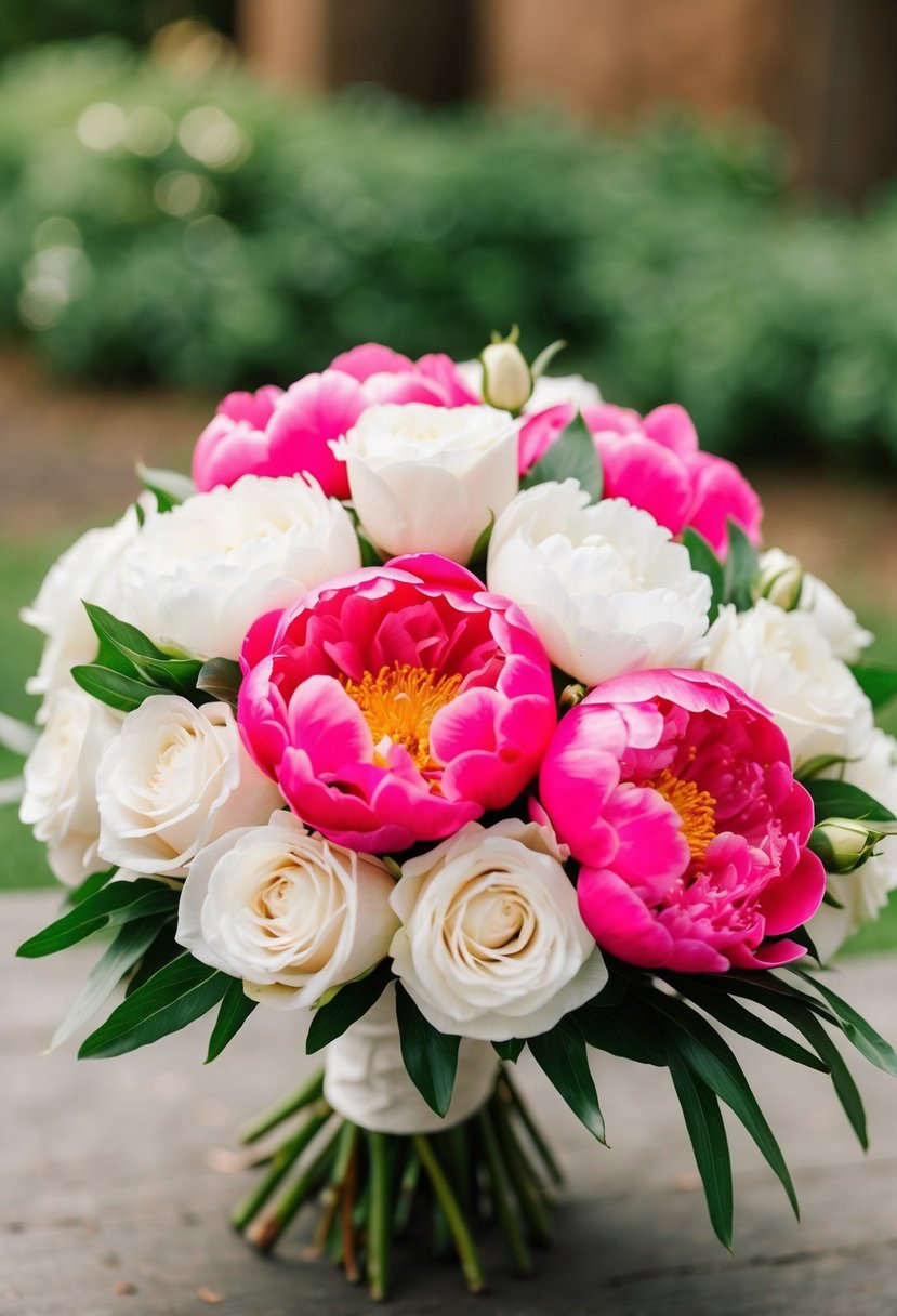 Hot pink peonies and white roses arranged in a wedding bouquet