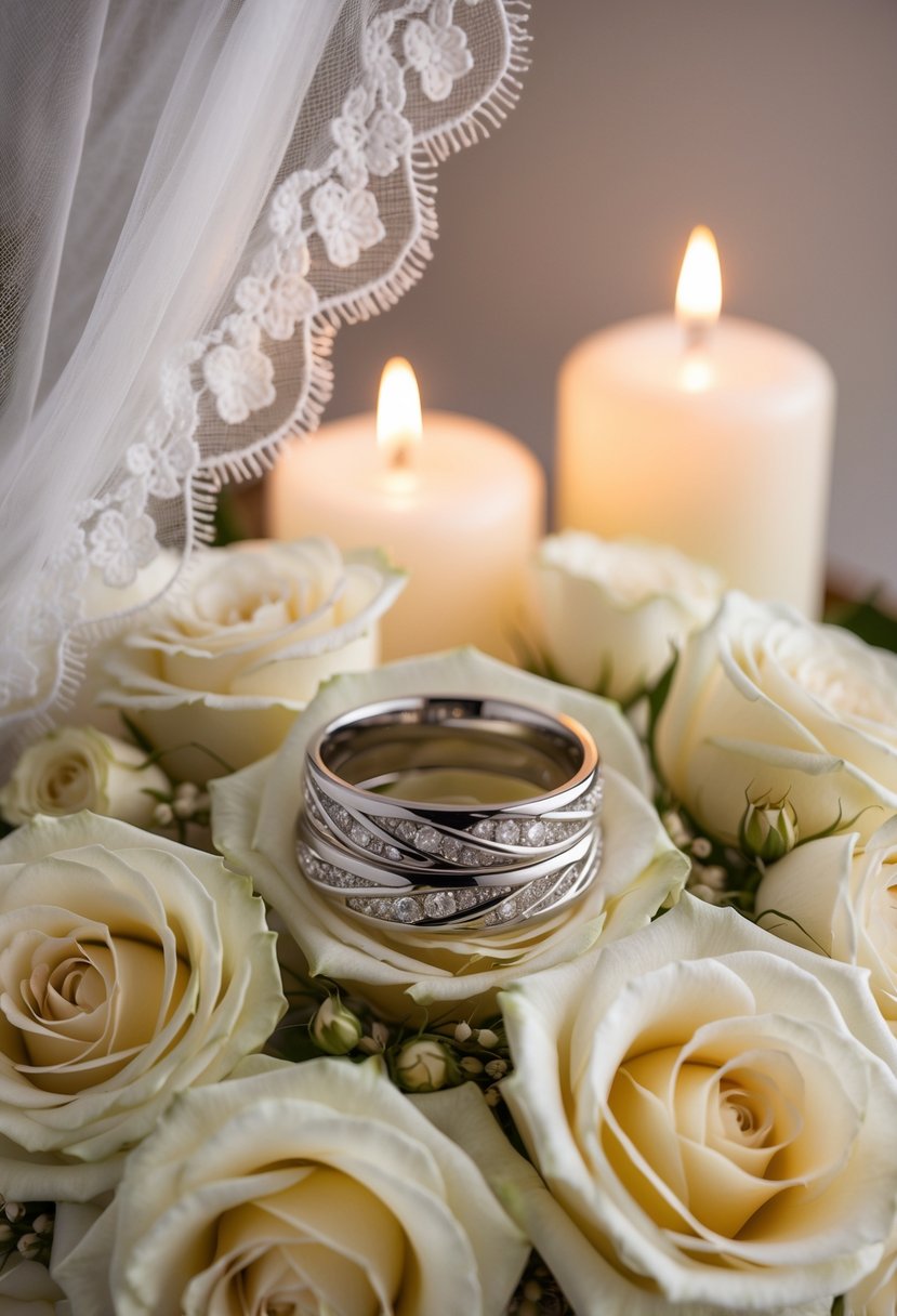 A pair of intertwined wedding bands resting on a bed of delicate white roses, surrounded by soft candlelight and a lace-trimmed veil