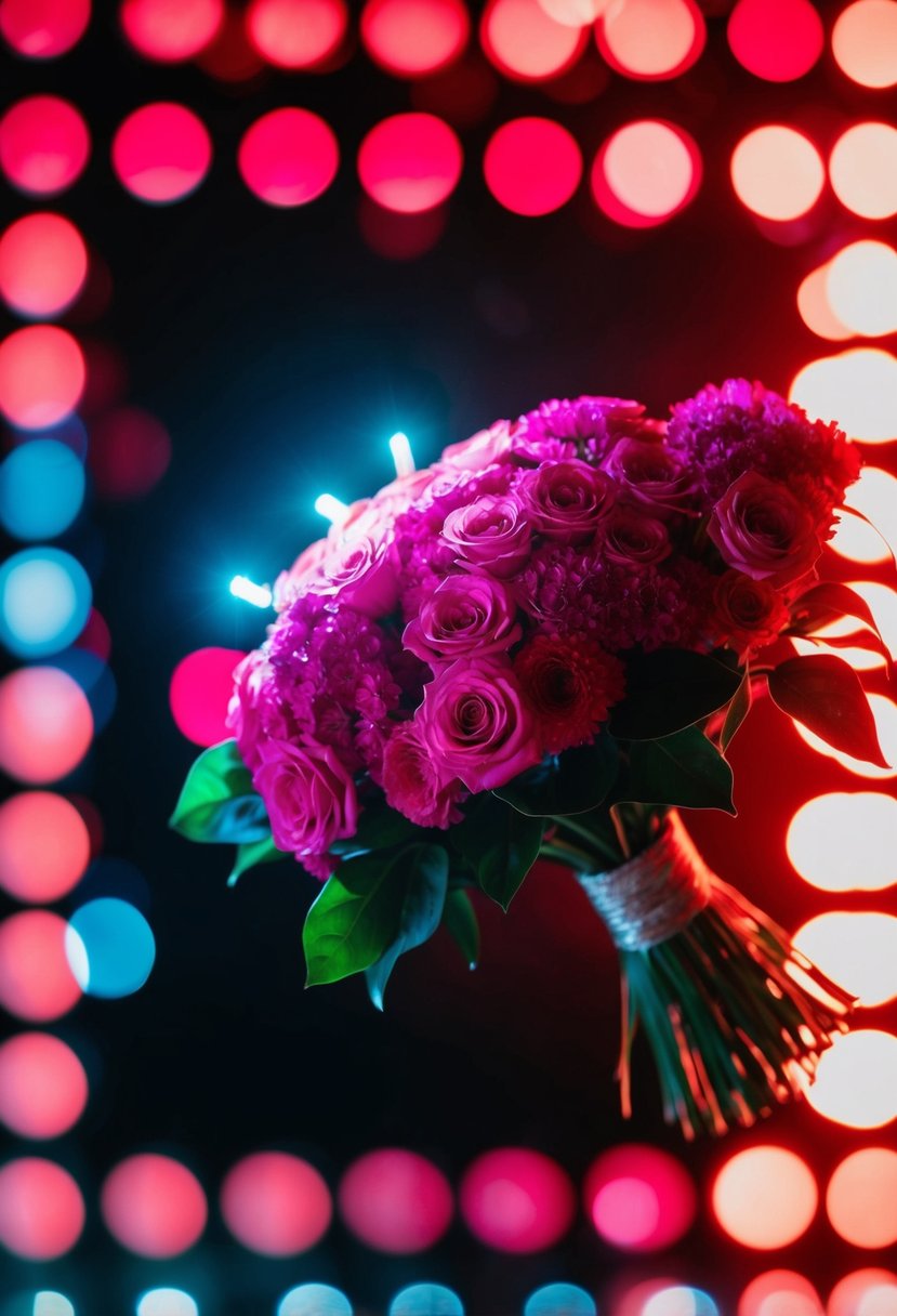 A bold light illuminates a vibrant hot pink bouquet against a dark background