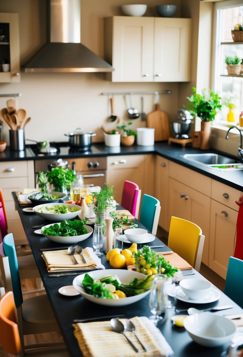 A cozy kitchen filled with fresh ingredients, cooking utensils, and a chef's hat on the counter. A table set for a group cooking class with colorful aprons hanging on the chairs