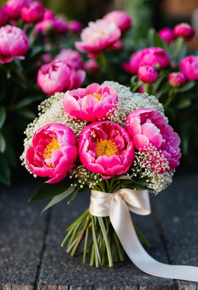 A vibrant bouquet of hot pink peonies and delicate baby's breath, tied with a satin ribbon