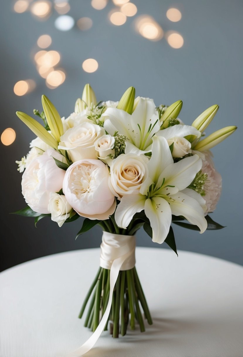 A delicate ivory wedding bouquet with roses, peonies, and lilies, tied with a satin ribbon