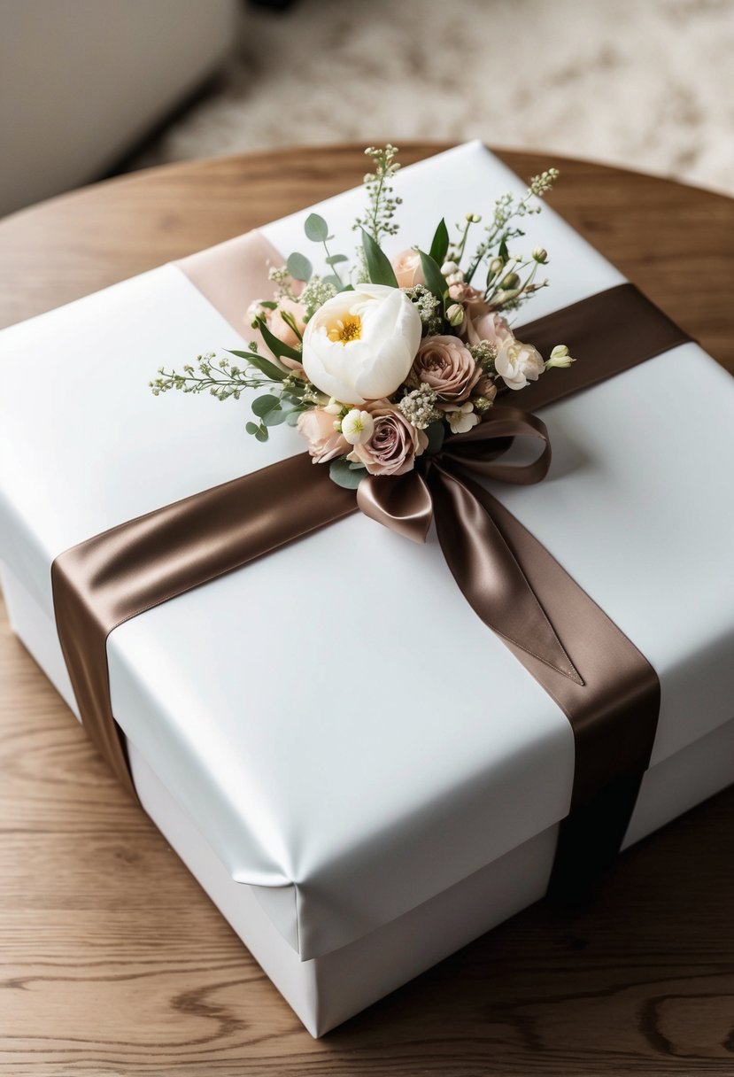 A beautifully wrapped box containing a set of luxurious bed sheets, tied with a satin ribbon and adorned with a delicate floral bouquet