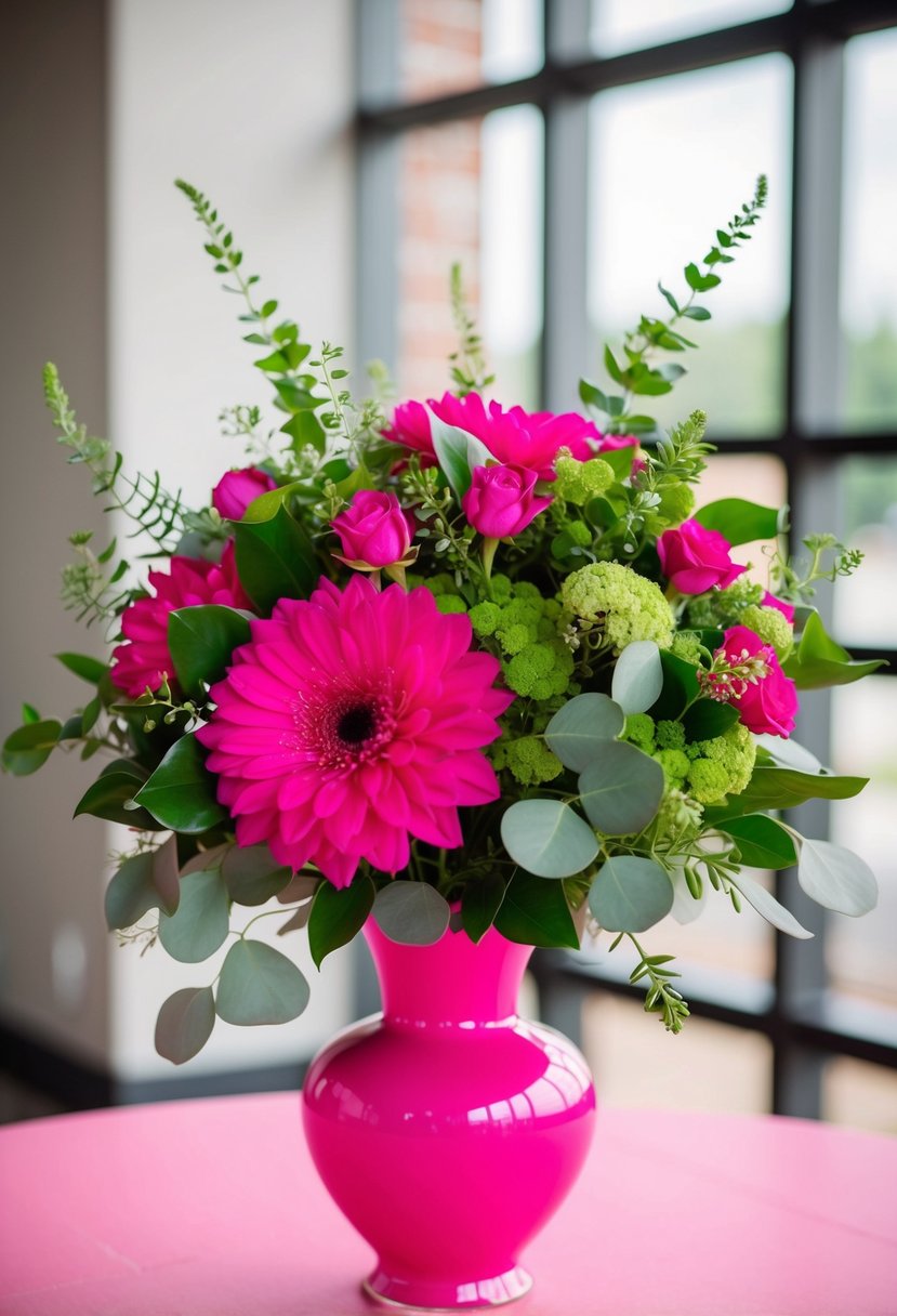 A fuchsia pink and greenery wedding bouquet arranged in a hot pink vase