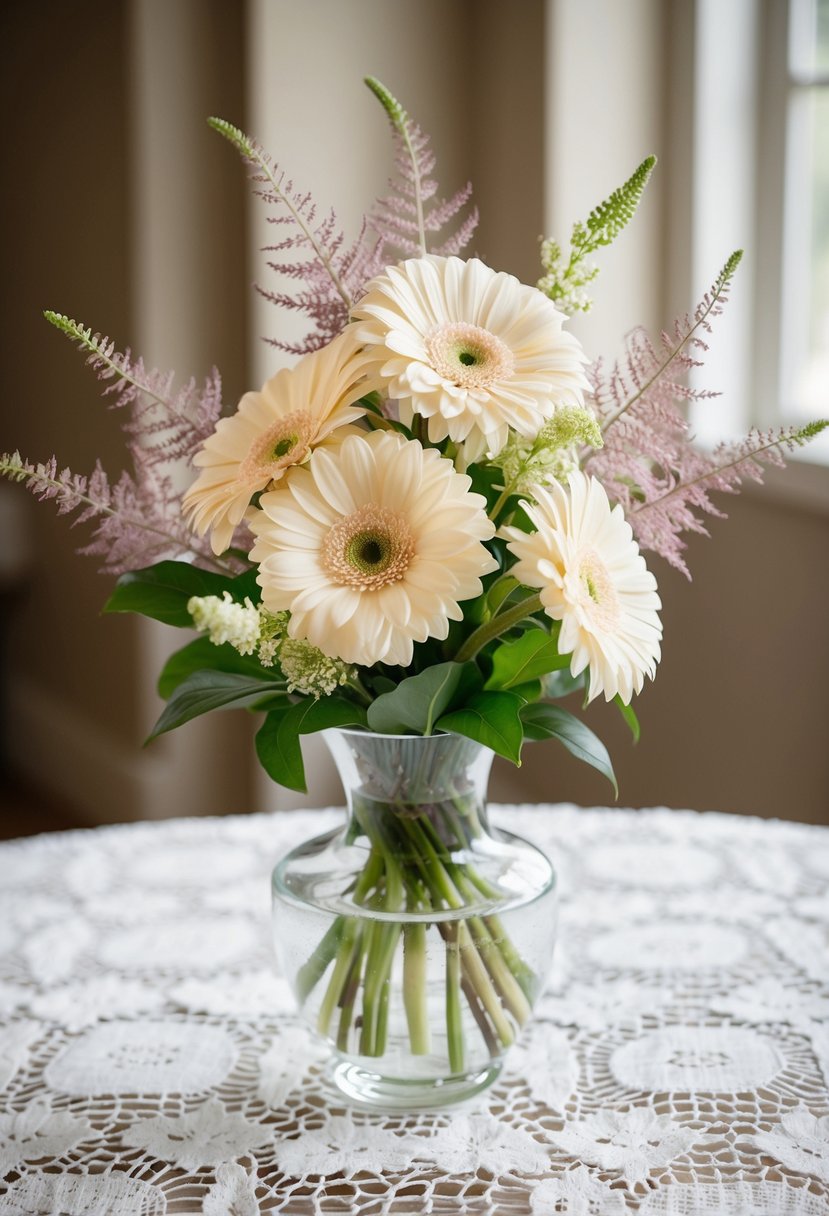 A delicate ivory gerbera and astilbe bouquet arranged in a glass vase on a lace tablecloth