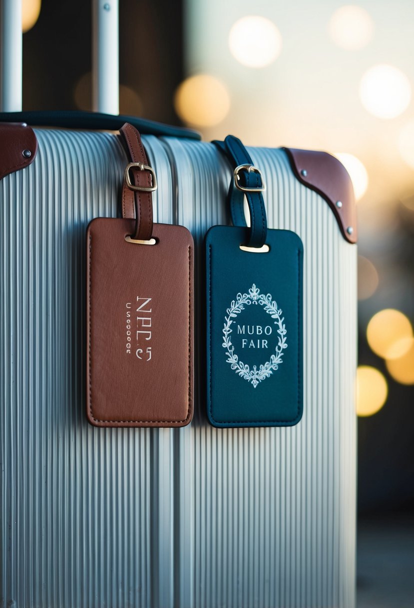 Two luggage tags, one with a masculine design and the other with a feminine design, attached to a pair of matching suitcases