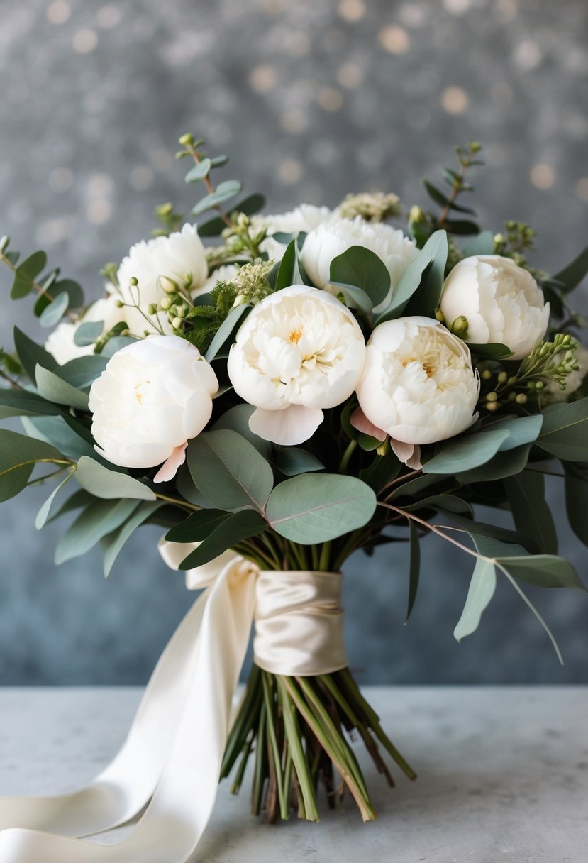 A lush bouquet of ivory peonies and eucalyptus leaves, tied with a flowing silk ribbon