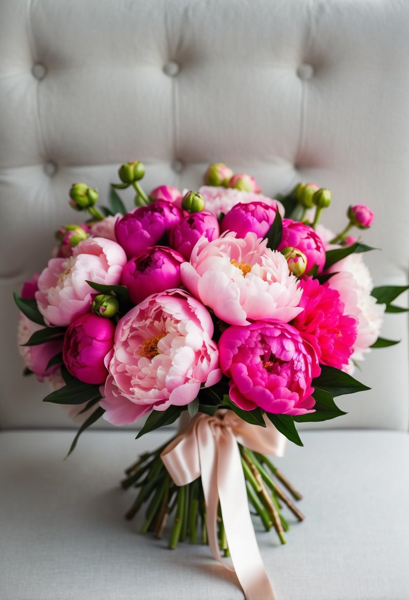 A lush bouquet of blush pink peonies and vibrant hot pink flowers, tied with a satin ribbon