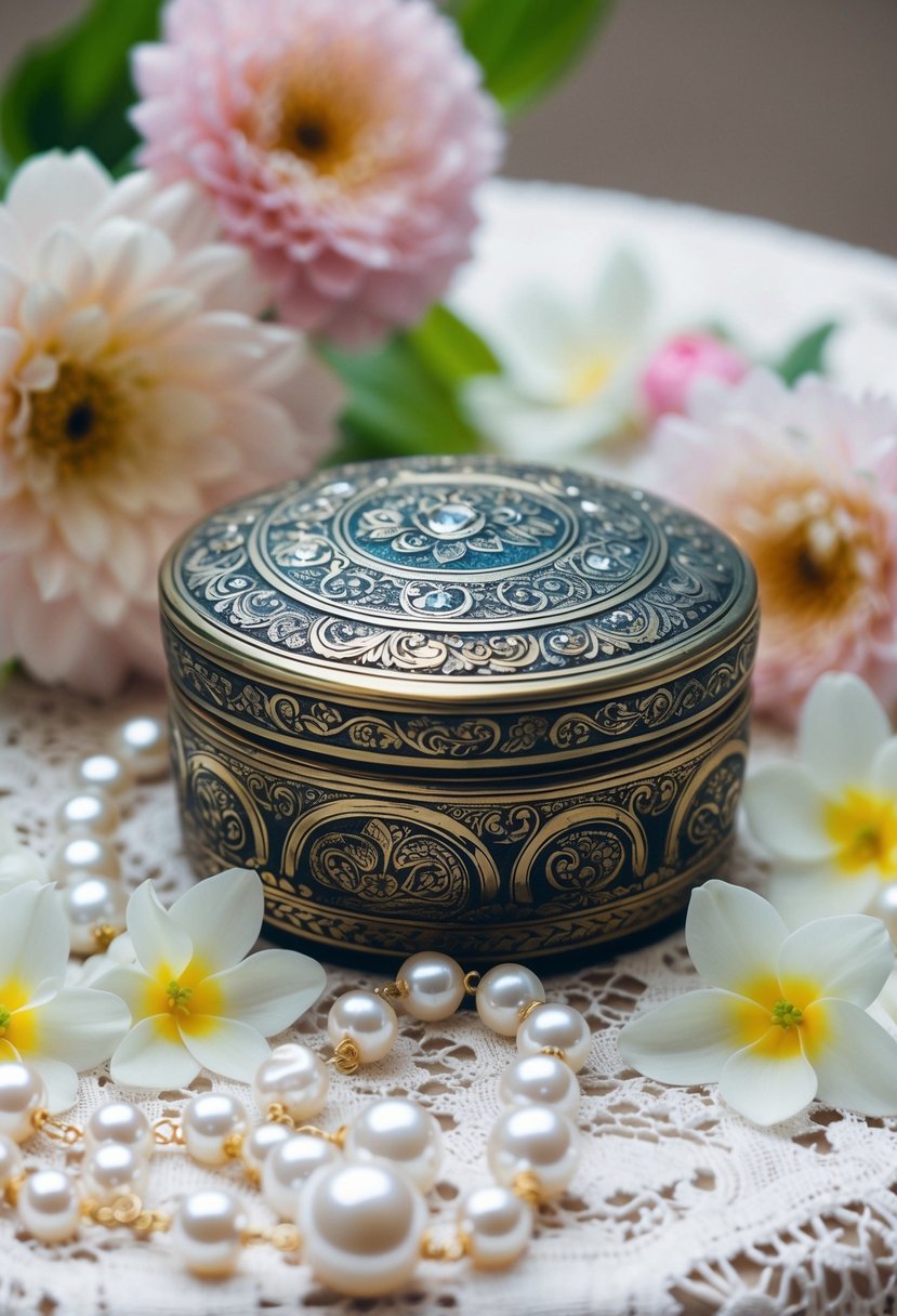 An ornate jewelry box with intricate engravings sits on a lace tablecloth, surrounded by delicate flowers and shimmering pearls