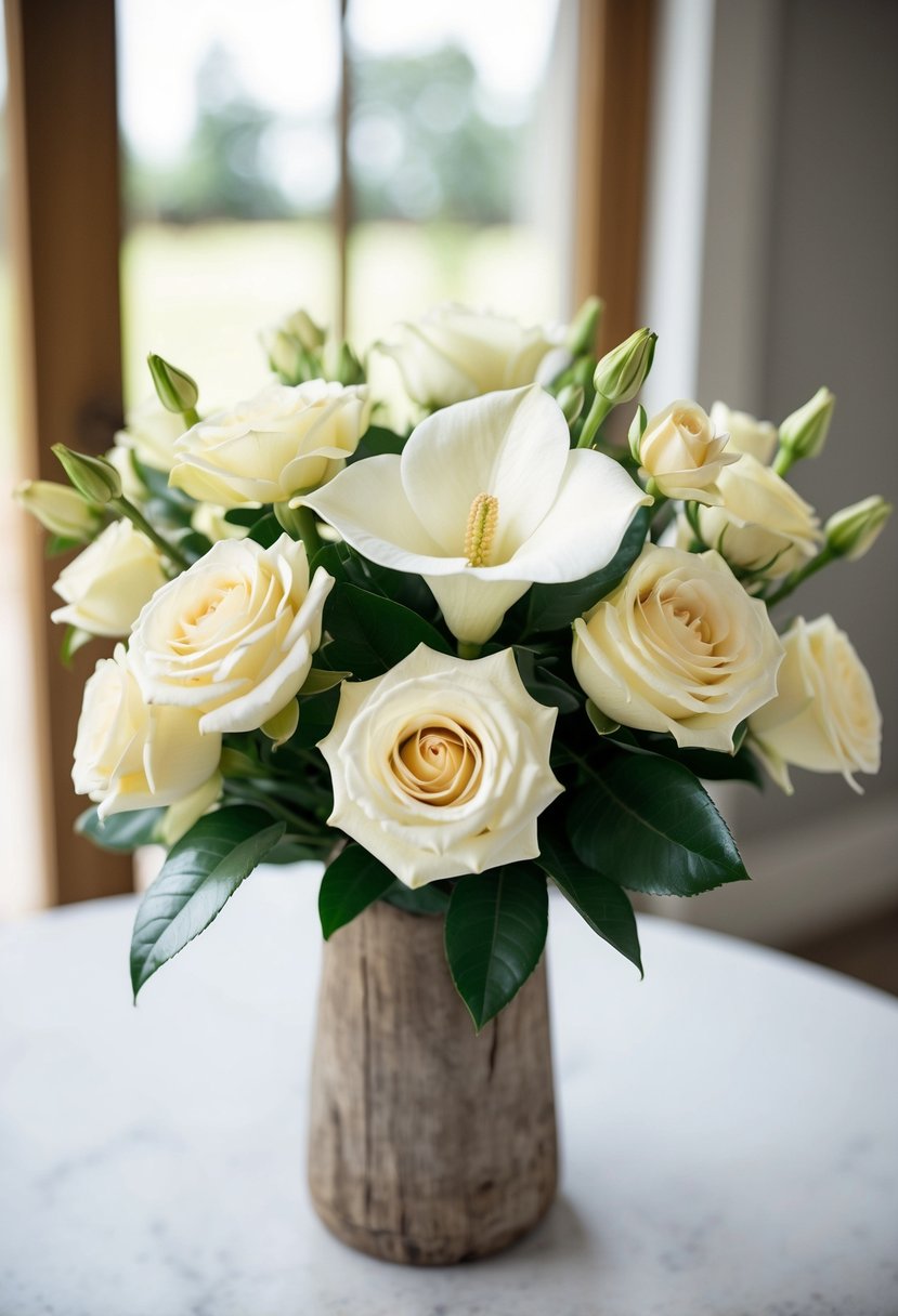 A delicate ivory bouquet of gardenias and champagne roses, arranged in a rustic wooden vase