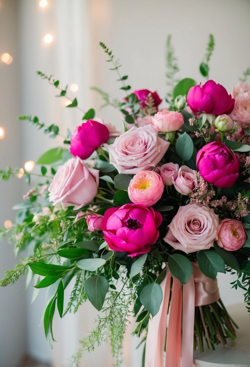 A lush bouquet of rose quartz and hot pink flowers arranged in a cascading style, with delicate greenery and ribbons