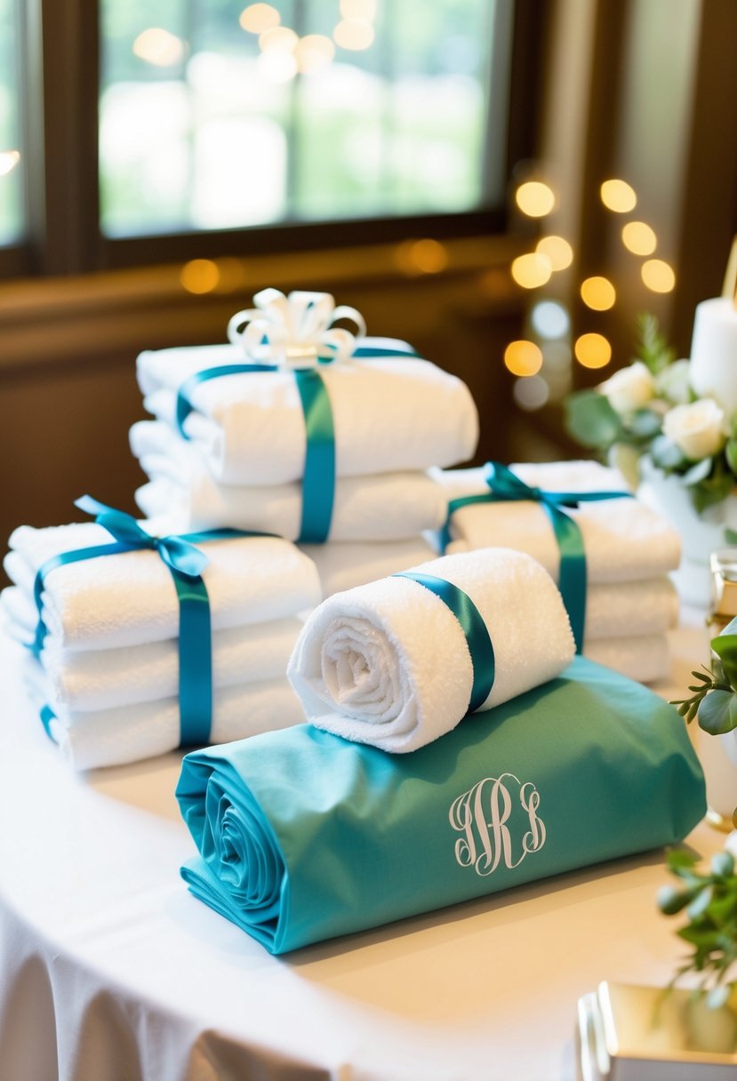 A beautifully wrapped set of monogrammed towels displayed on a gift table at a wedding shower