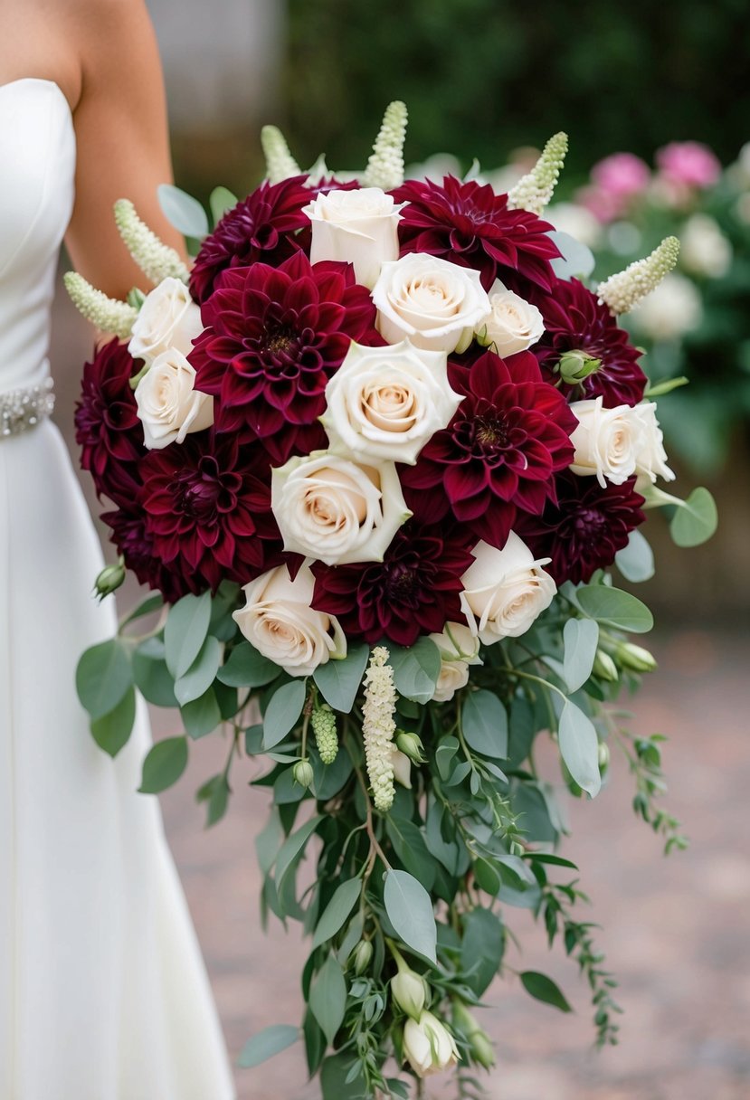 A burgundy dahlia and ivory rose blend in a cascading wedding bouquet