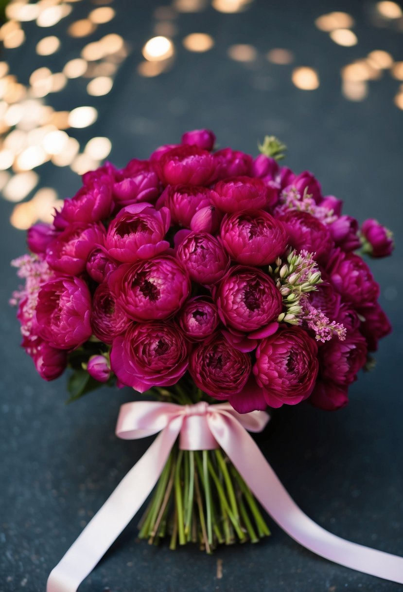 A lush bouquet of deep pink blooms tied with a delicate pink ribbon