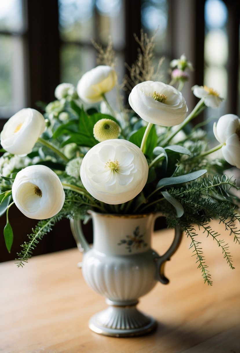 A delicate ivory bouquet with ranunculus and greenery, arranged in a vintage-inspired vase