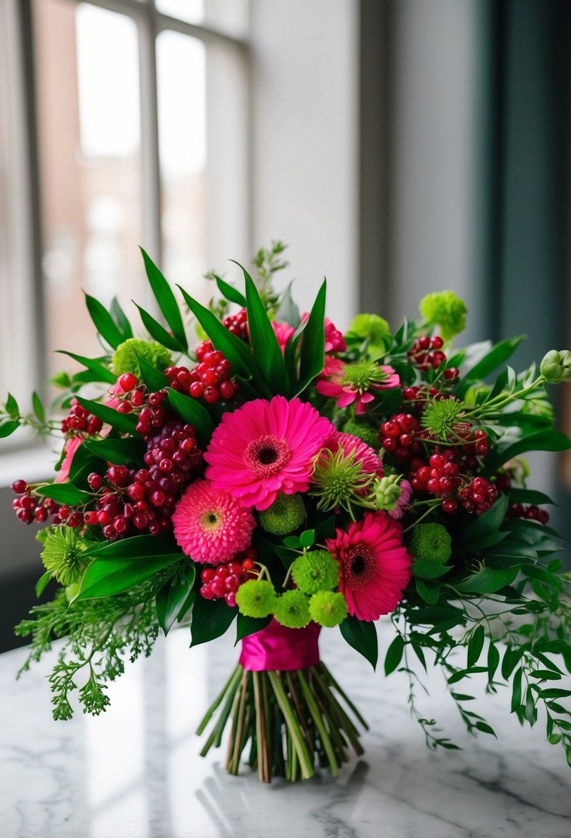 A vibrant hot pink and green wedding bouquet, filled with berry-hued flowers and lush greenery, sits elegantly on a marble tabletop