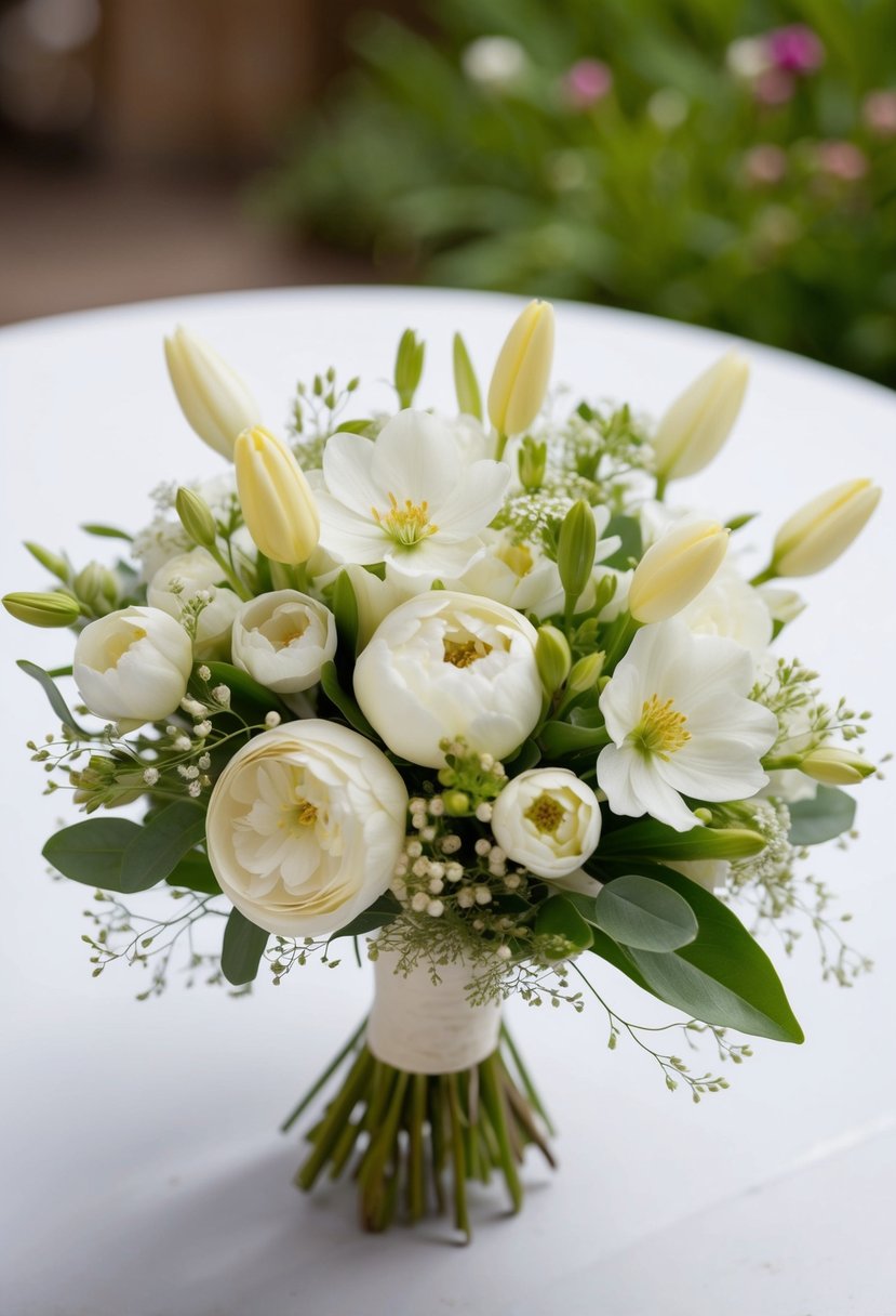 A delicate ivory wedding bouquet, featuring freshly picked spring flowers arranged in a graceful and elegant composition