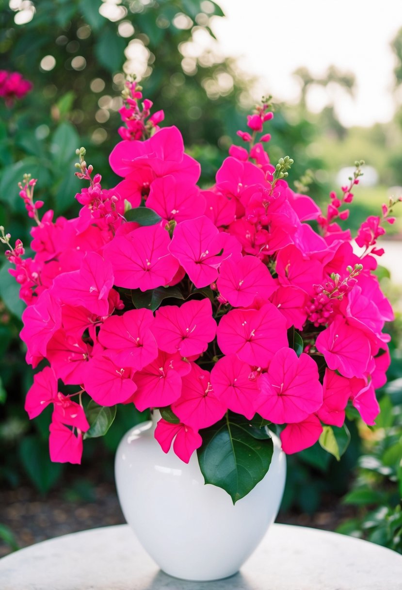 A vibrant hot pink bougainvillea bouquet arranged in a white vase