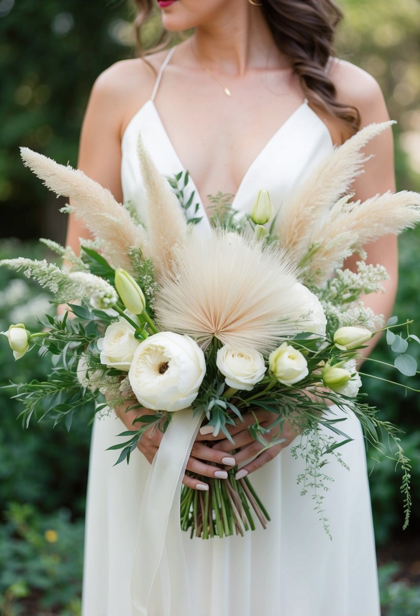 An elegant ivory wedding bouquet featuring a fusion of pampas grass and lisianthus, with delicate greenery and flowing ribbons