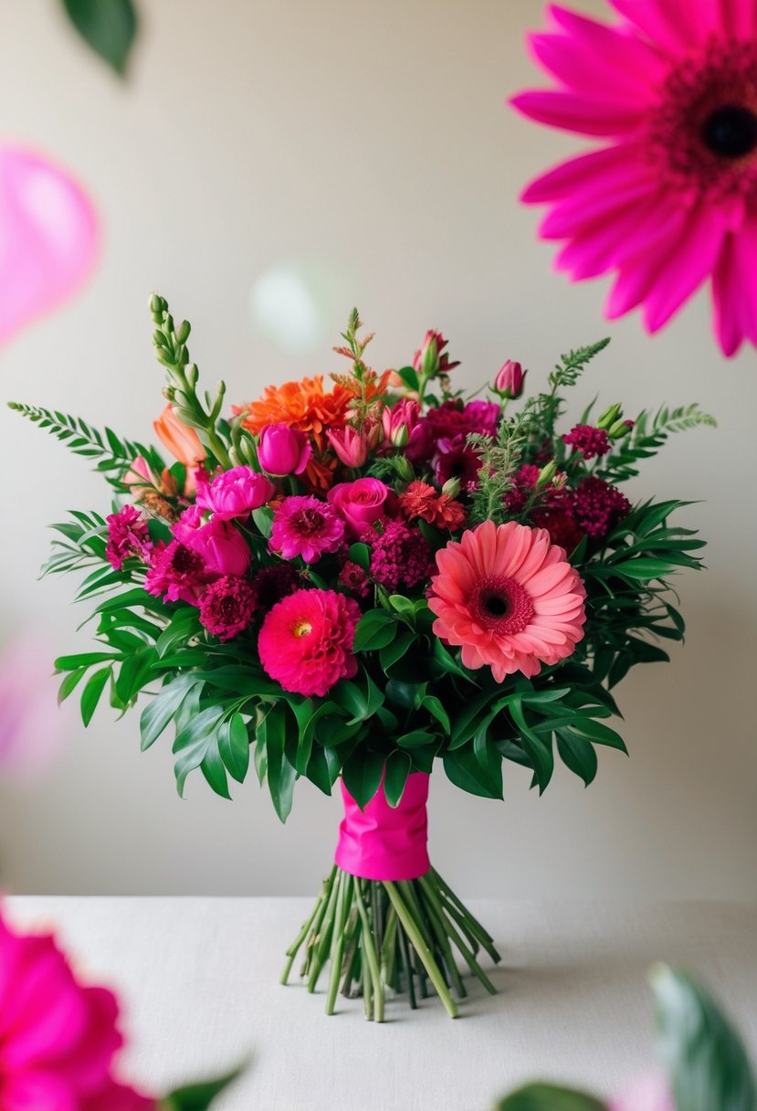 A vibrant hot pink bouquet stands out against a soft, neutral background, with various flowers and greenery creating a bold and eye-catching statement