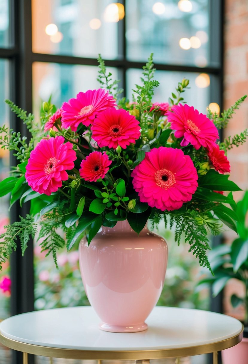 A vibrant bouquet of hot pink flowers and lush greenery in a light pink vase