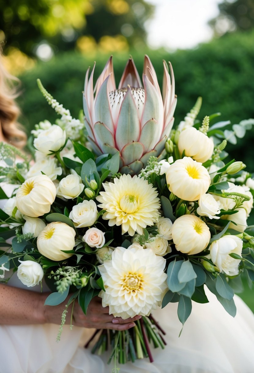 A lush bouquet of King Protea and Cream Dahlia in ivory tones, arranged in perfect harmony for a wedding celebration