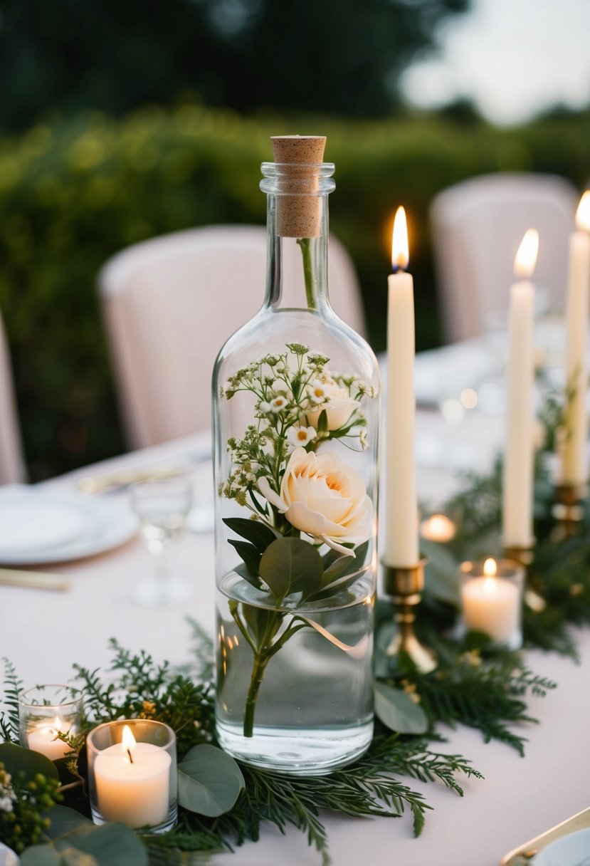 A glass bottle filled with flowers and placed on a wedding table, surrounded by delicate candles and greenery