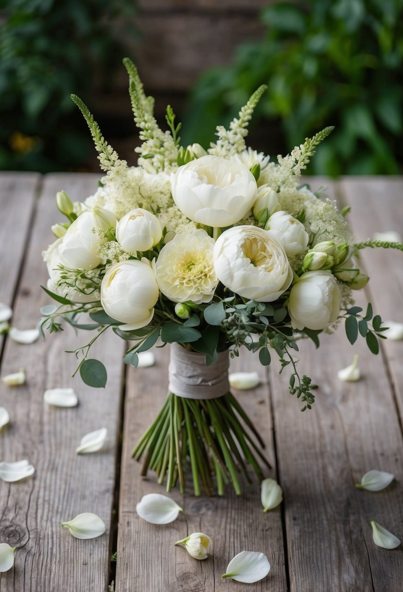 A loose bouquet of ivory flowers, inspired by a garden, sits on a rustic wooden table, surrounded by scattered petals and delicate greenery