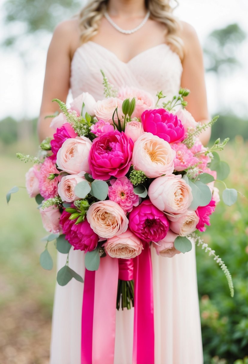 A pastel pink and fuchsia hot pink wedding bouquet arranged in a delicate, cascading style