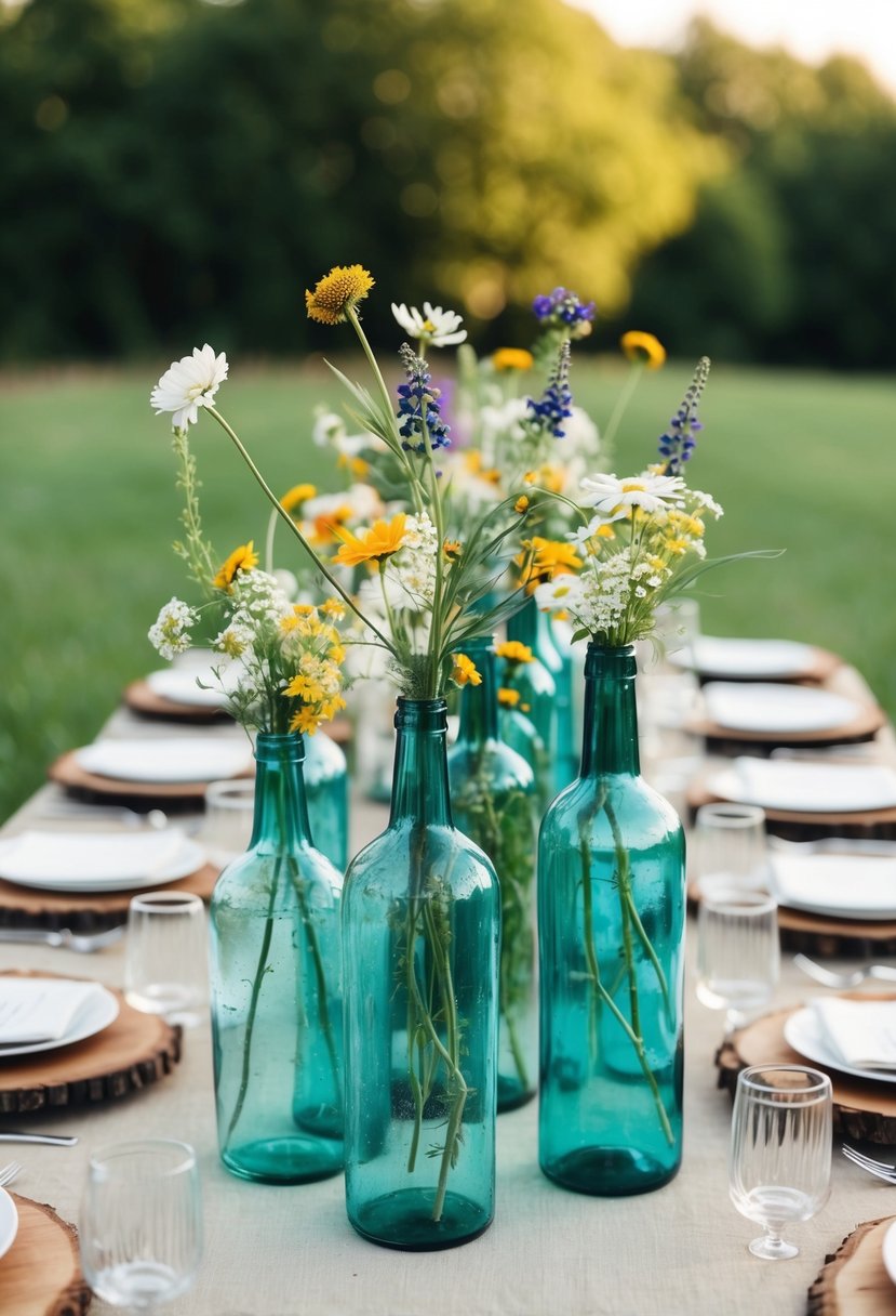 A rustic table adorned with vintage bottle vases filled with wildflowers, creating a charming wedding decoration