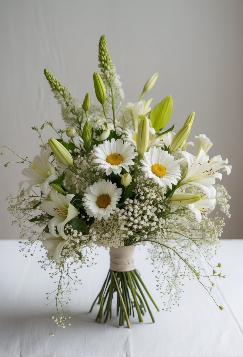 A delicate ivory bouquet of wildflowers, including daisies, baby's breath, and lilies, arranged in a whimsical, cascading design