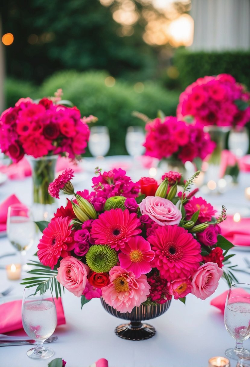 Vibrant hot pink florals arranged in centerpieces and wedding bouquets