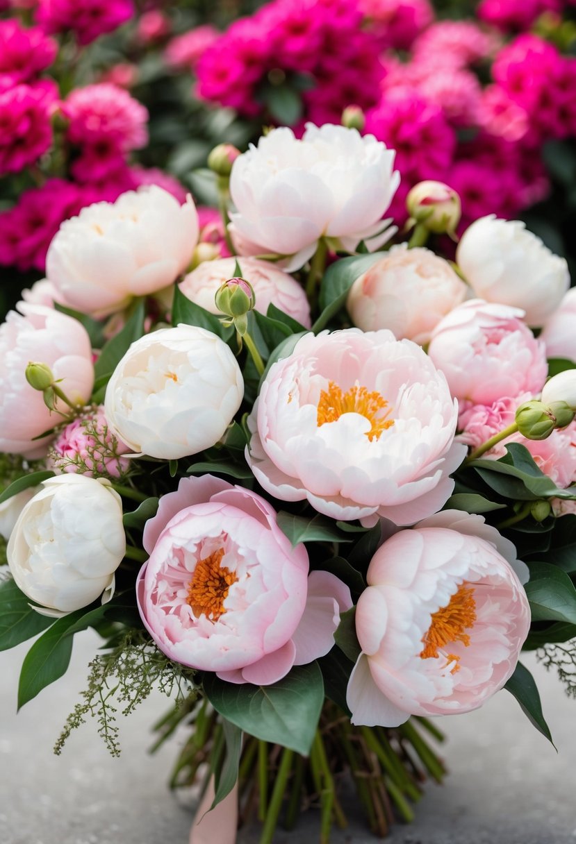 A lush bouquet of peony roses and light pink accents, set against a backdrop of hot pink blooms