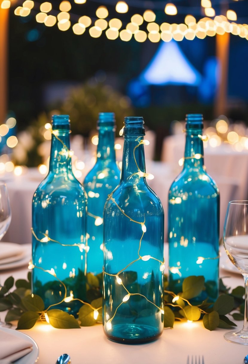 Blue glass bottles adorned with twinkling fairy lights create a whimsical wedding table centerpiece