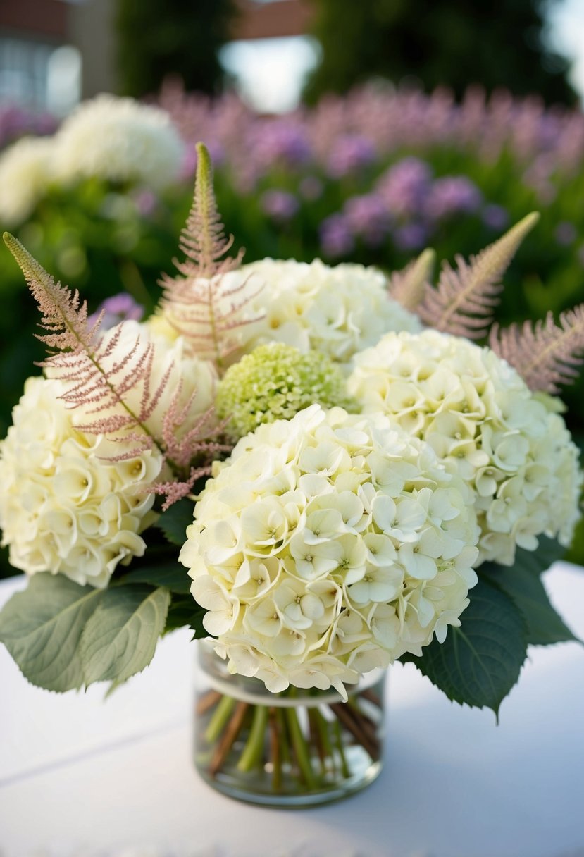 A lush bouquet of ivory hydrangeas and delicate astilbe