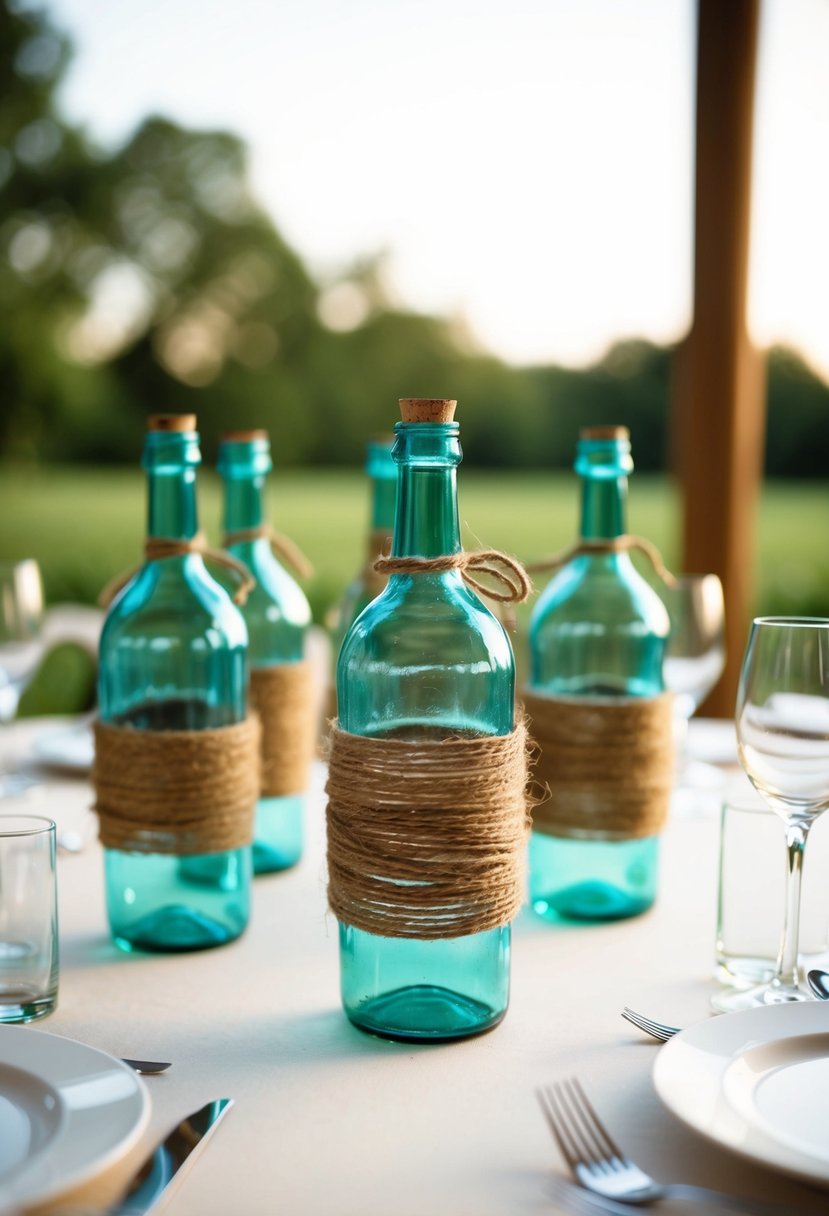 Twine-wrapped glass bottles arranged as wedding table centerpieces