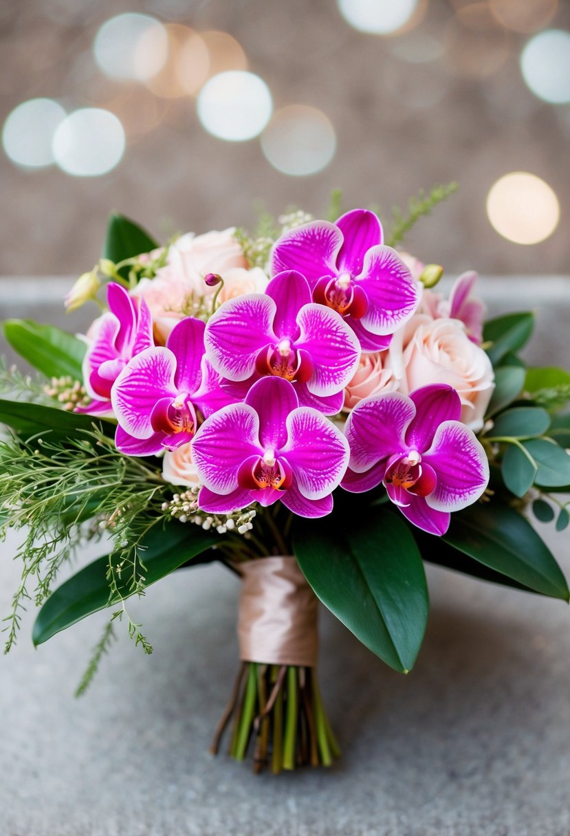 A soft blush wedding bouquet with hot pink orchids, surrounded by delicate greenery