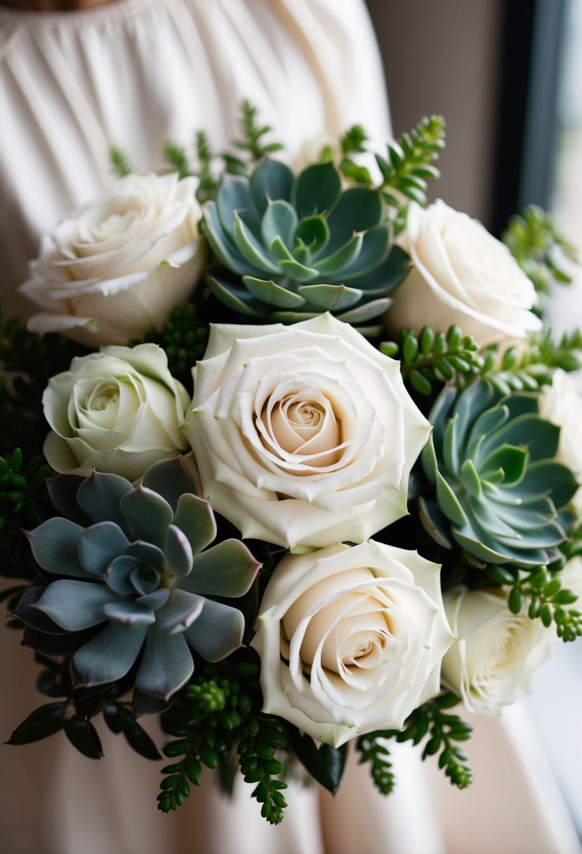 A bouquet of ivory roses and green succulents arranged in a classic, elegant style