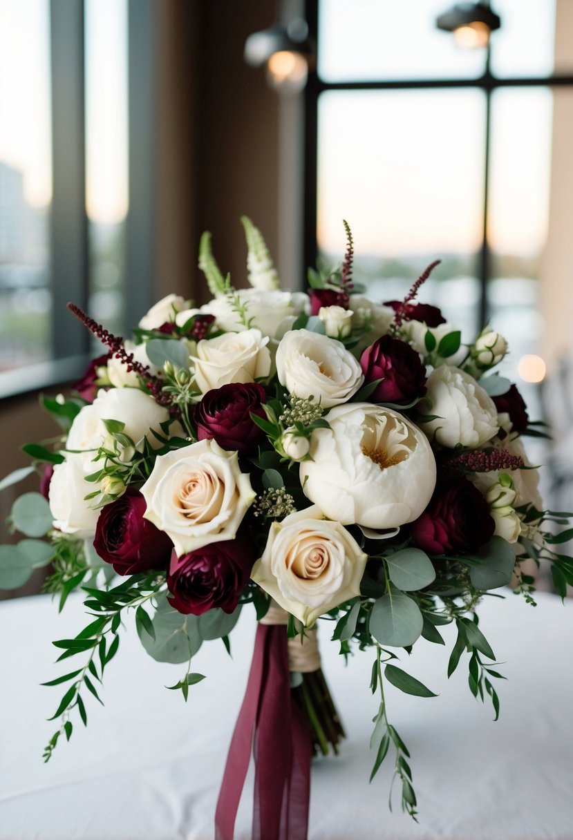 An elegant ivory and burgundy wedding bouquet, featuring delicate roses, peonies, and greenery, arranged in a cascading style