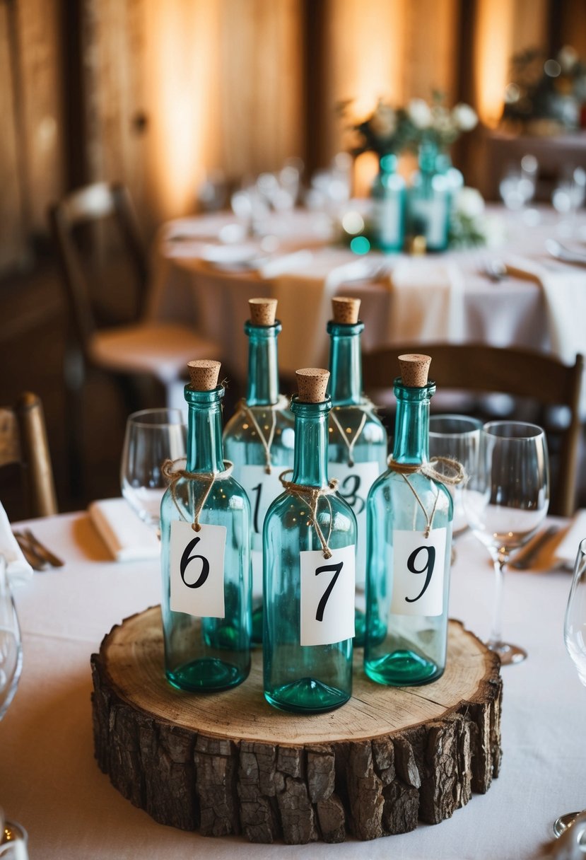 A rustic wedding table adorned with numbered glass bottle centerpieces