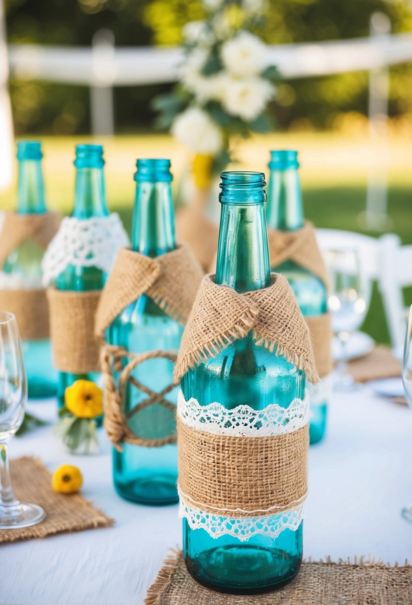 Rustic glass bottles wrapped in burlap and lace, arranged on a wedding table as charming decorations