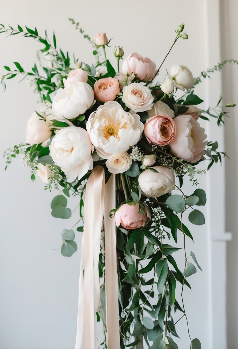 A cascading bouquet of soft peonies and roses in ivory and blush tones, with delicate greenery and trailing ribbons