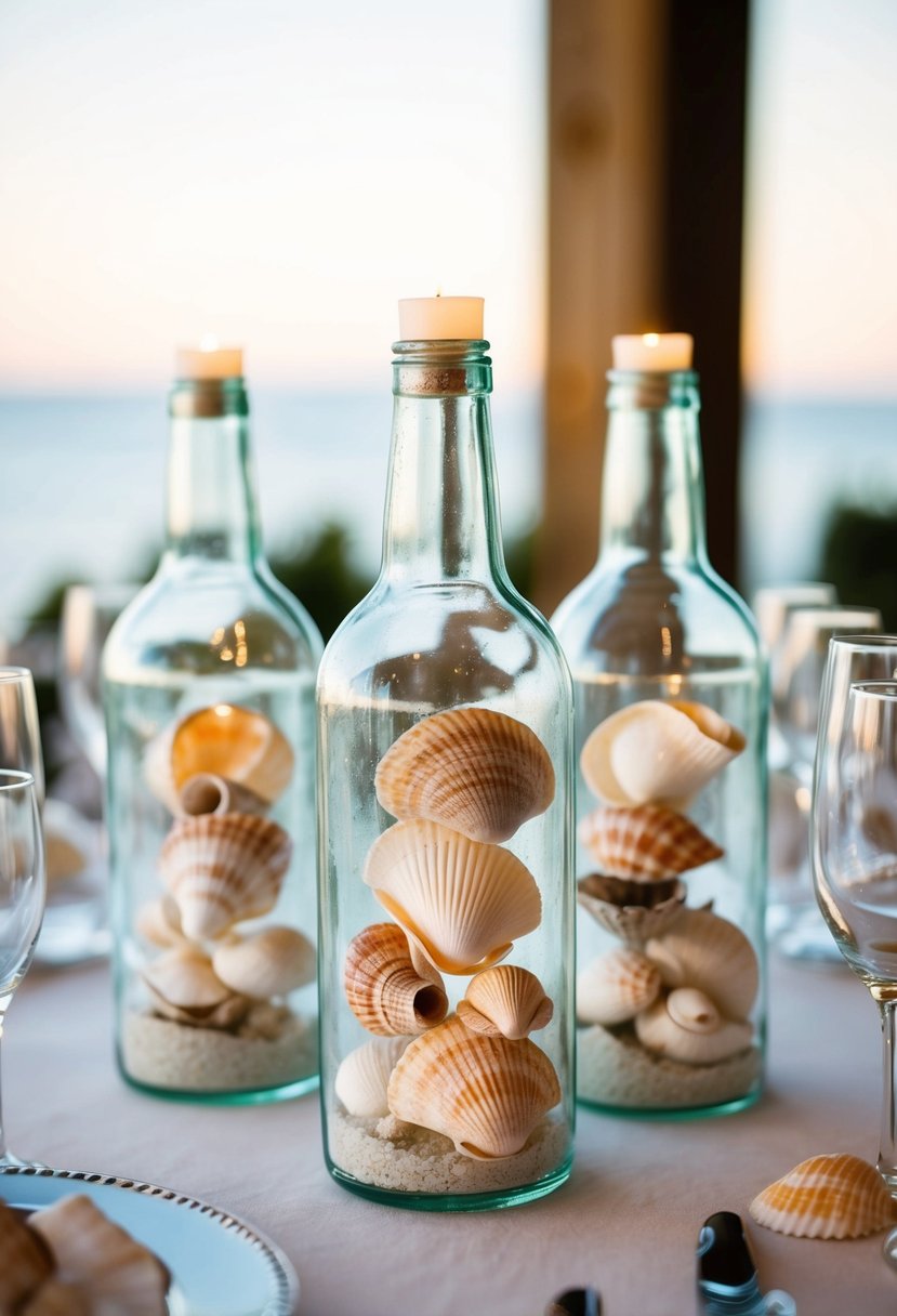 Clear glass bottles filled with seashells arranged as wedding table decorations