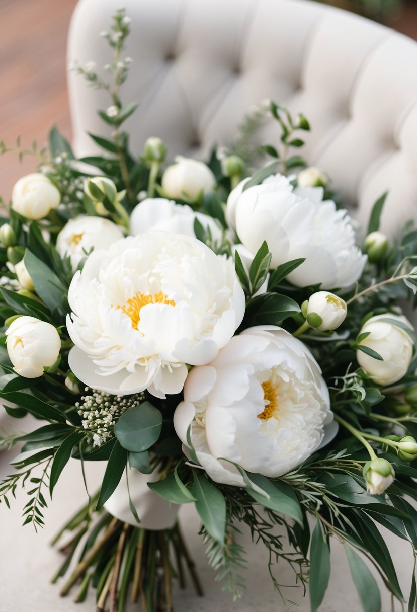 An elegant, organic arrangement of ivory peonies and delicate greenery, perfect for a wedding bouquet