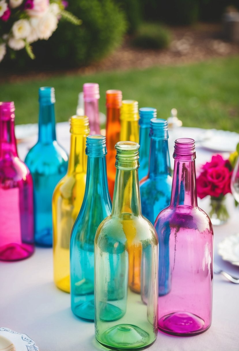 Colorful glass bottles arranged on a wedding table, painted in coordinating wedding theme colors