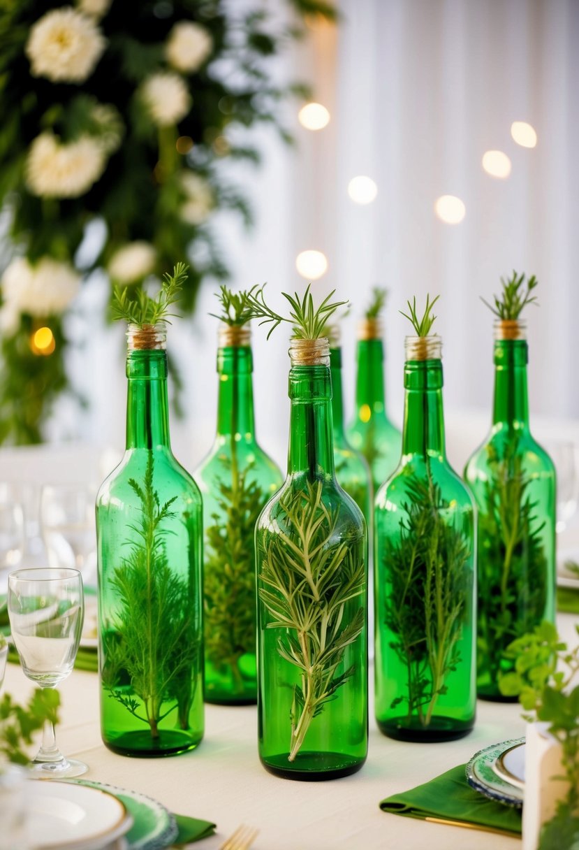 A table adorned with green glass bottles filled with fresh herbs, creating a charming wedding decoration