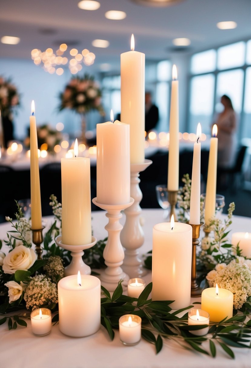 A white table adorned with candles of varying heights and sizes, surrounded by delicate floral arrangements and flickering tea lights