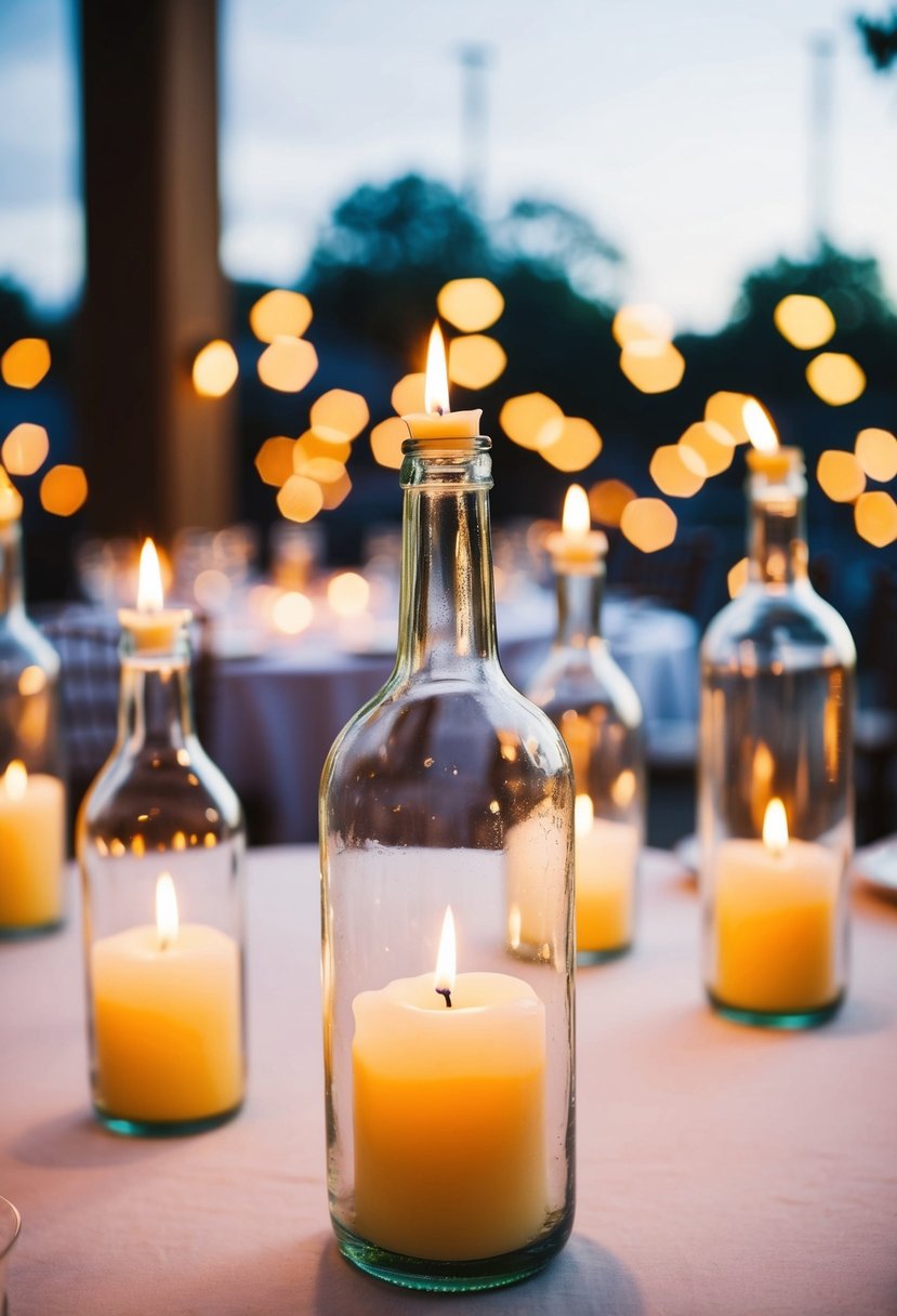 Bottle candle holders with floating candles on a wedding table