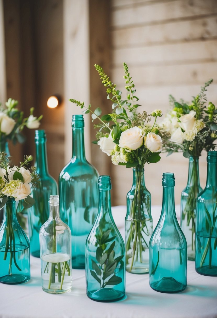 Glass bottles of varying heights arranged on a wedding table, filled with flowers and greenery